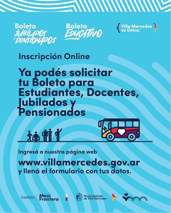 Lee más sobre el artículo Abren inscripciones online para el Boleto Estudiantil, de Jubilados y Pensionados en Villa Mercedes