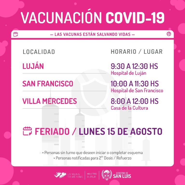 Lee más sobre el artículo Vacunación: este lunes feriado habrá operativos en Luján, San Francisco y Villa Mercedes