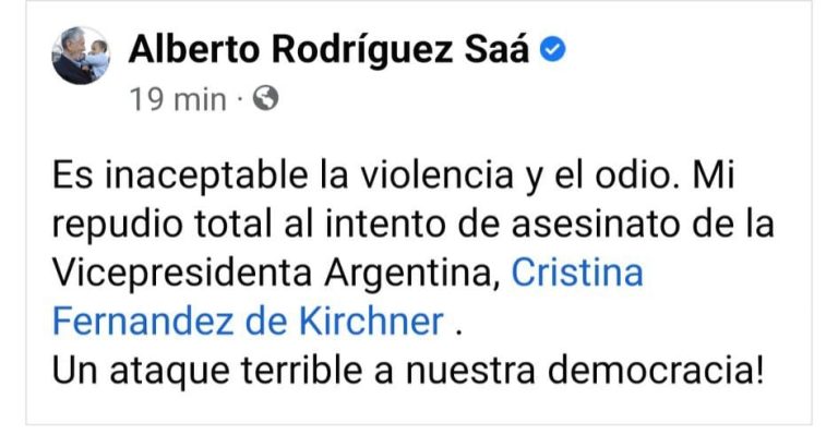 Lee más sobre el artículo Comunicado del gobernador Alberto Rodríguez Saá sobre el atentado a la vicepresidenta de la Nación