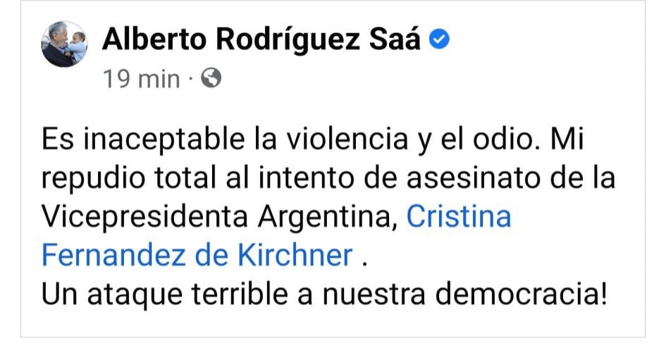 You are currently viewing Comunicado del gobernador Alberto Rodríguez Saá sobre el atentado a la vicepresidenta de la Nación