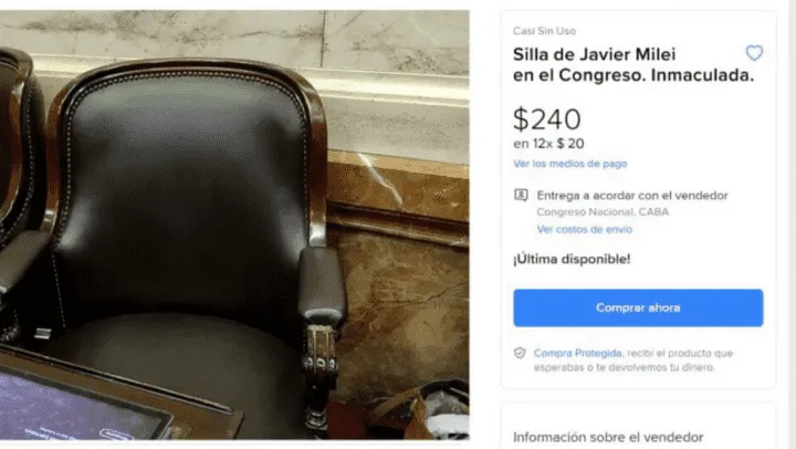 Read more about the article Venden la silla “inmaculada” de Javier Milei en el Congreso y el posteo de Mercado Libre estalló en las redes